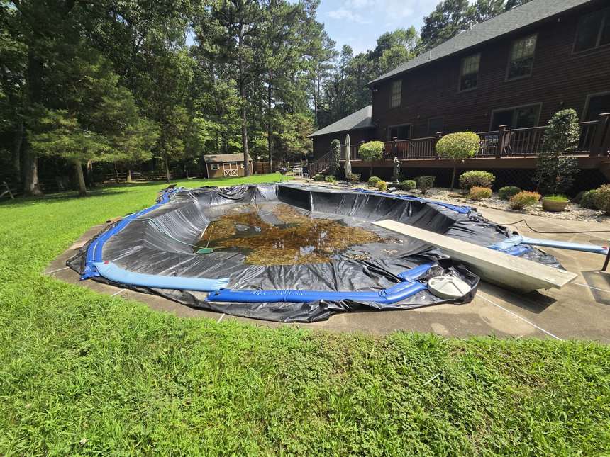 In-ground pool left under its winter cover at closing